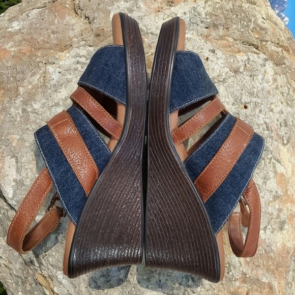 SAS Sandal Womens 8.5 Blue Jean Wedge Strappy Heels Comfort Brown Casual Shoes - Picture 4 of 14